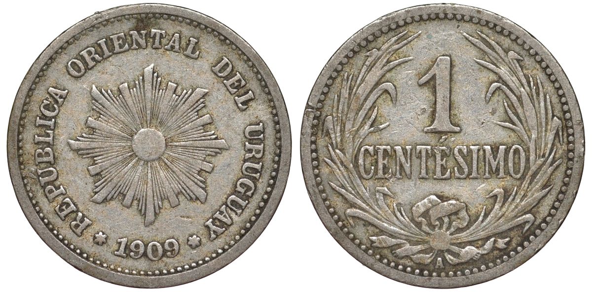 Уругвай 1 сентесимо 1909 KM 19 медно-никель 4169-623