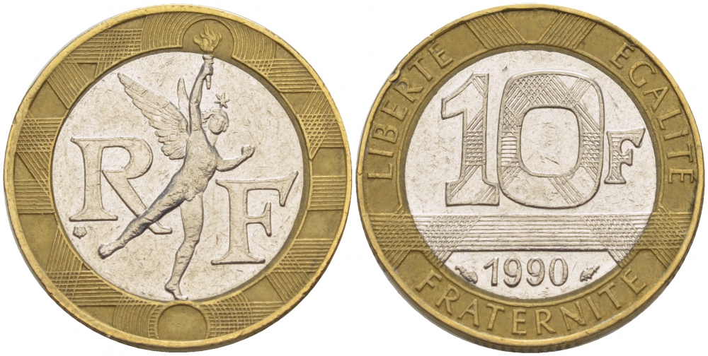Франция 10 франков 1990 тип Гений Бастилии KM 964.1, Le Frank 375.5 биметалл 4402-1147