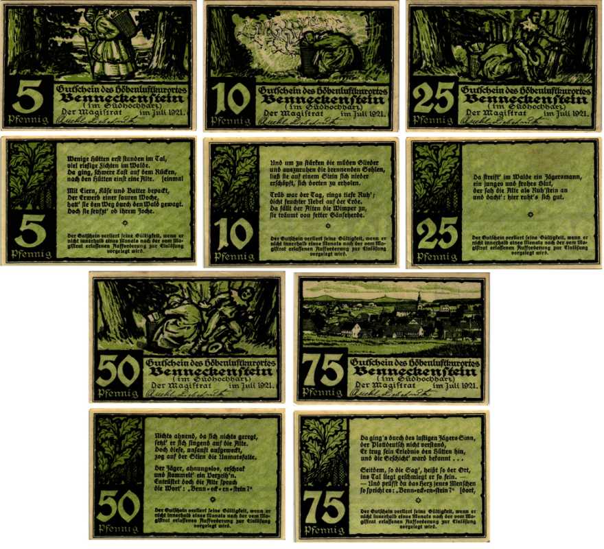 БЕННЕКЕНШТАЙН, ГЕРМАНИЯ НАБОР ИЗ 5 БАНКНОТ 1921 НОТГЕЛЬД, 1 ИЮЛЯ 1921 ARNOLD KELLER 73.1 бумага UNC (ПРЕСС) 7487-55-3