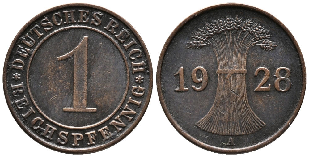 ГЕРМАНИЯ 1 РЕЙХСПФЕННИГ 1928 A KM 37, J. 313 бронза 39-963