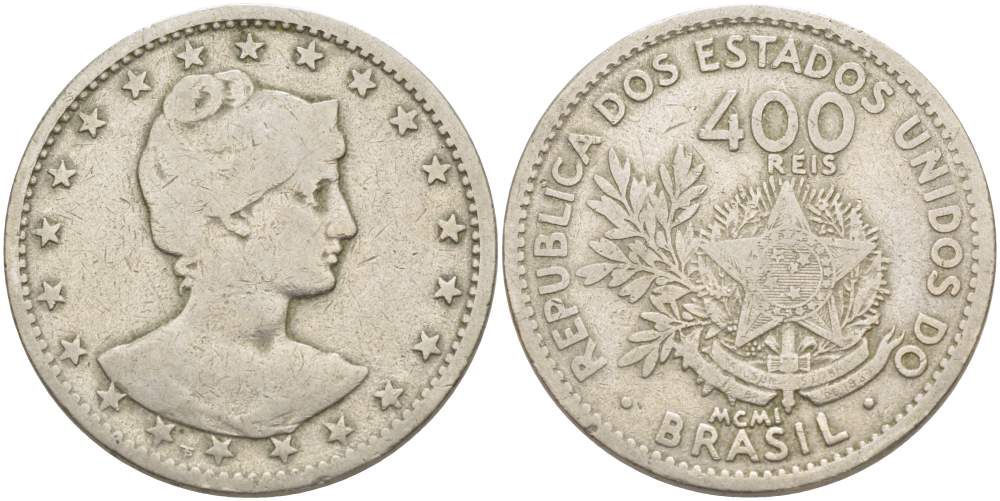 БРАЗИЛИЯ 400 РЕЙС 1901 ГОЛОВА СВОБОДЫ ВПРАВО KM 505 медно-никель 4517-1226
