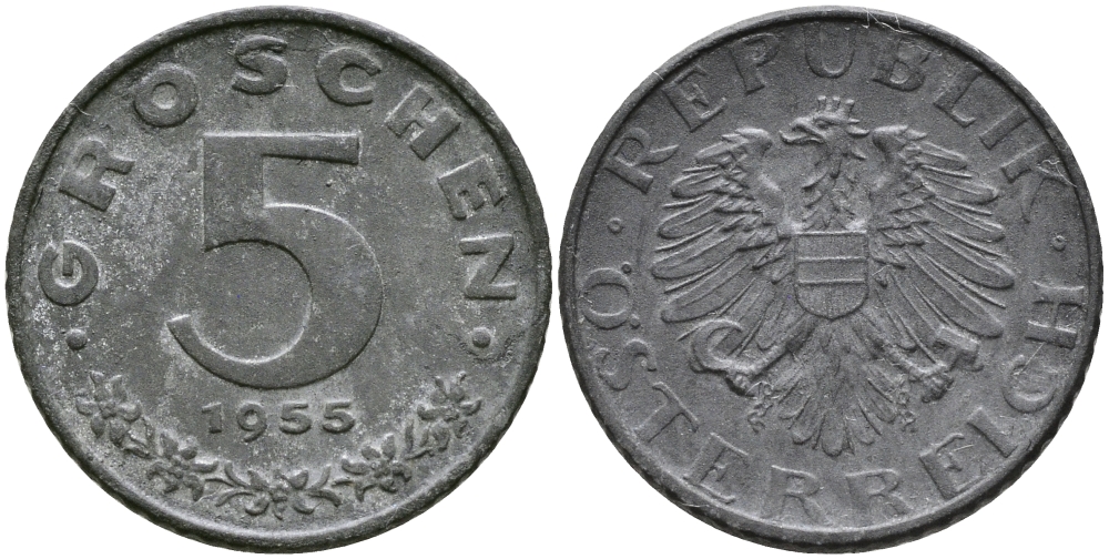 АВСТРИЯ 5 ГРОШЕЙ 1955 KM 2875 цинк 96-638