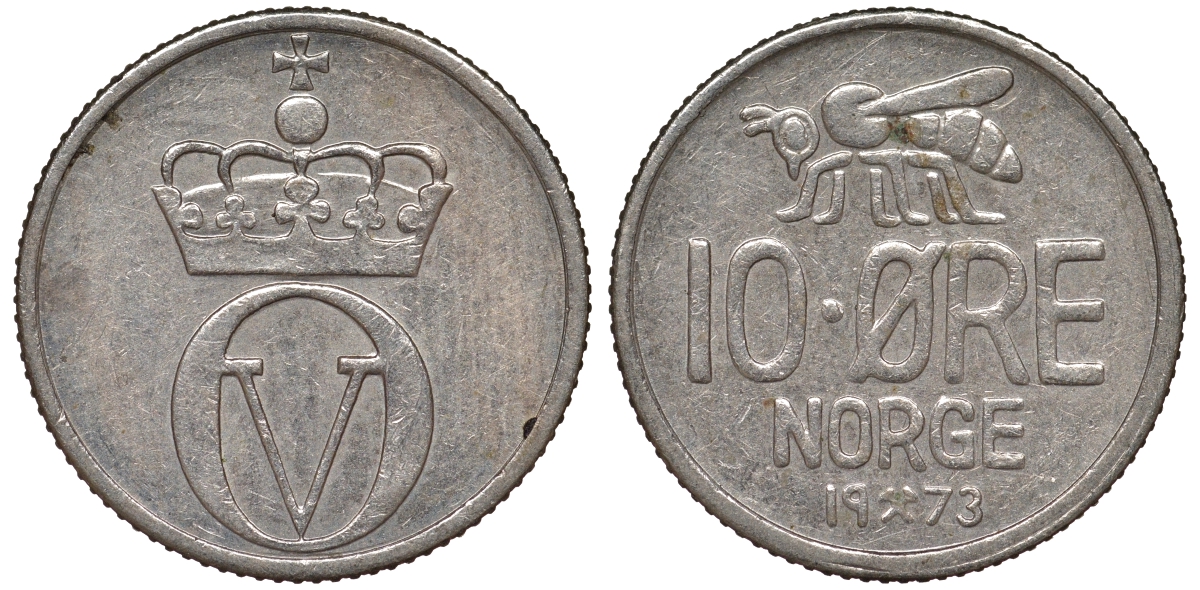 Норвегия 10 эре 1973 пчела, Улаф V (1958-1991) KM 411 медно-никель 62-1243