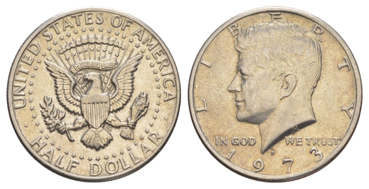 США 1/2 доллара (50 центов) 1973 Джон Кеннеди KM 202b медь плакированная медно-никелем aUNC 4526-311