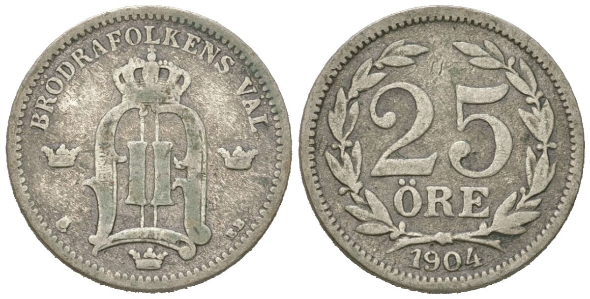 Швеция 25 эре 1904 EB, Оскар II (1872-1907) KM 739 серебро 44-347
