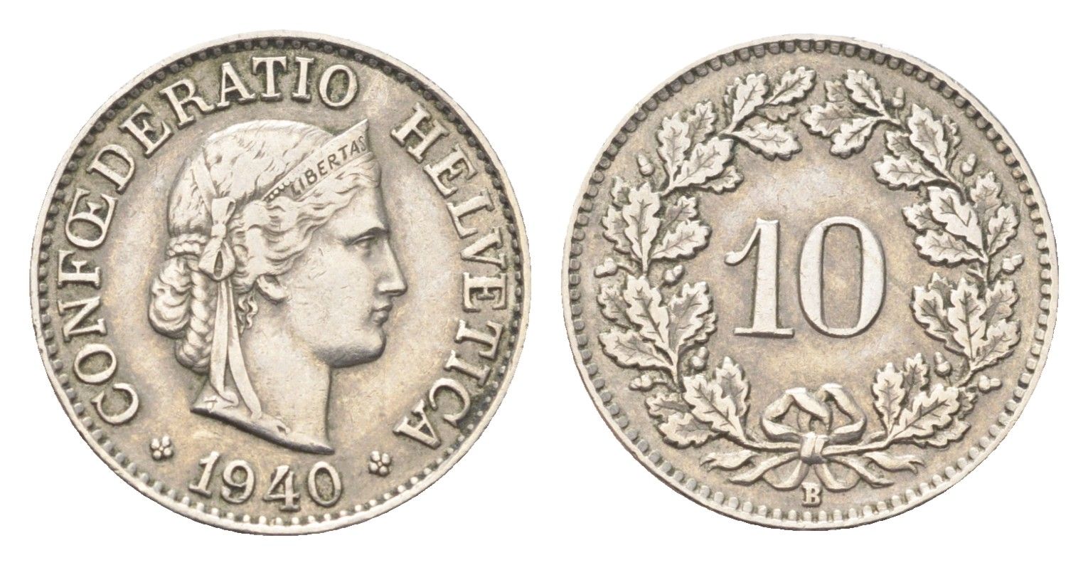 Швейцария 10 раппенов 1940 B KM 27 медно-никель 4708-155