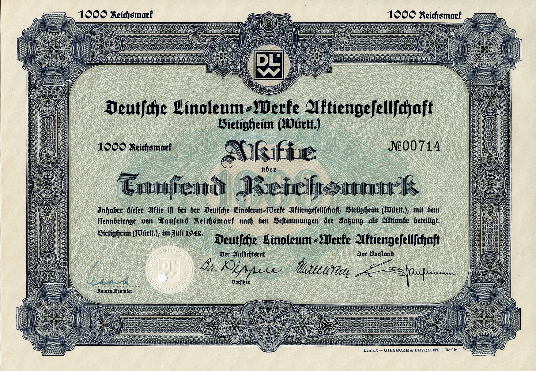 Германия 1000 рейхсмарок 1942 АО Немецкий линолеум-Верке, Битигхайм, акция   бумага  8804-119-1