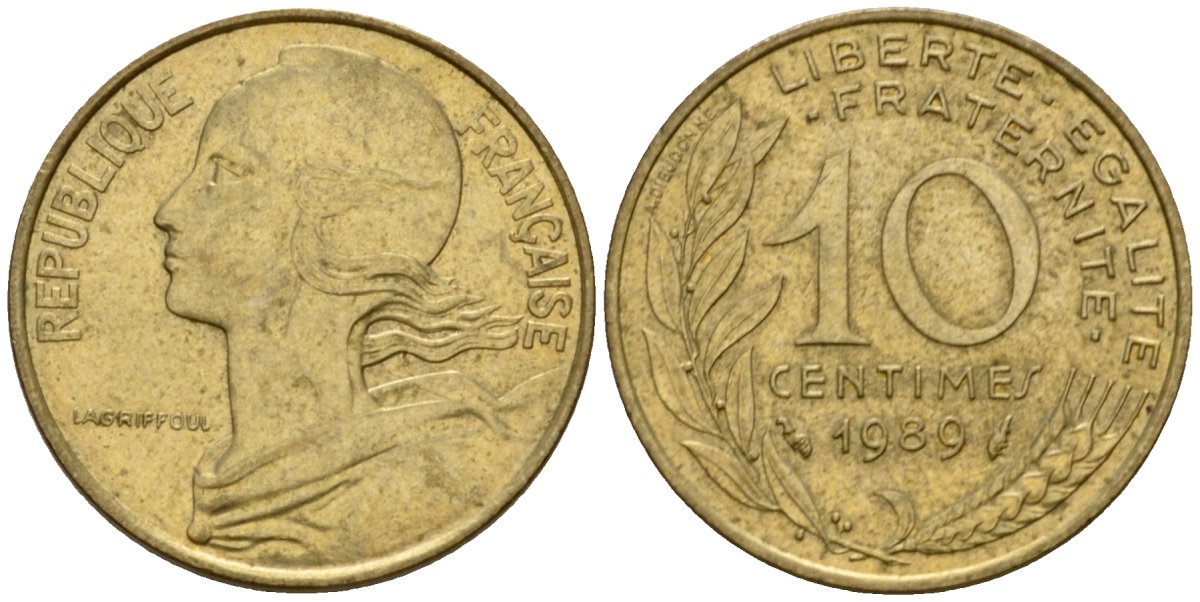 Франция 10 сантимов 1989 тип Marianne KM 929, le Franc 144.29 алюминиевая бронза 4391-1155