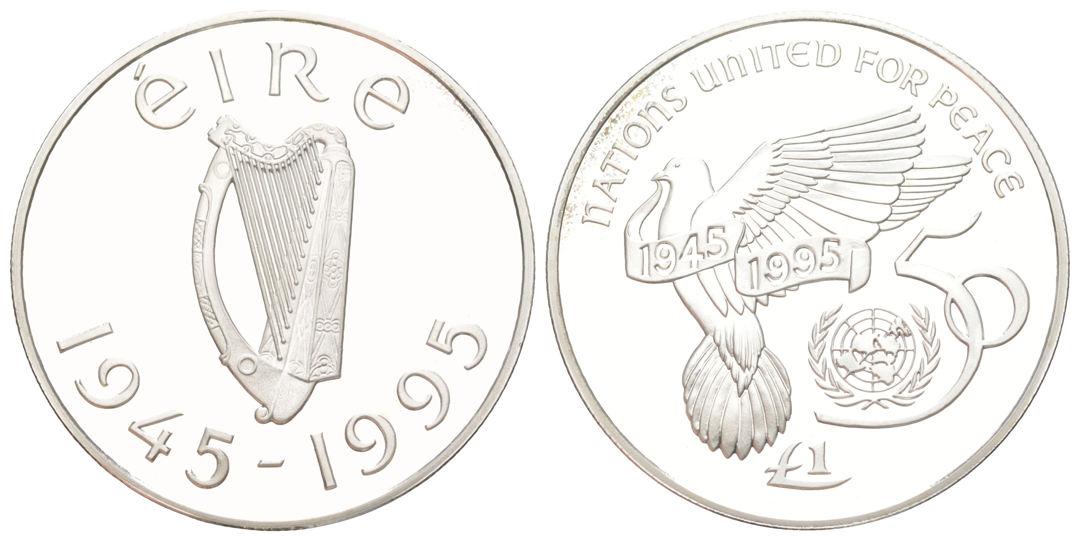 Ирландия 1 фунт 1995 50 лет ООН, тираж 2.750 экземпляров KM 30 серебро PROOF 1091-5-14