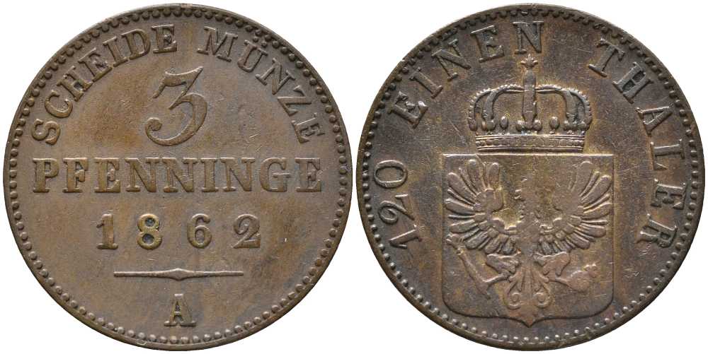 ПРУССИЯ 3 ПФЕННИГА 1862 А, ВИЛЬГЕЛЬМ I (1861-1888) KM 482 медь 4448-1126