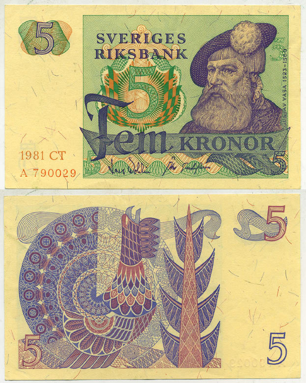 Швеция 5 крон 1981 CT, Густав I Ваза Pick 51d бумага aUNC 444-41-3