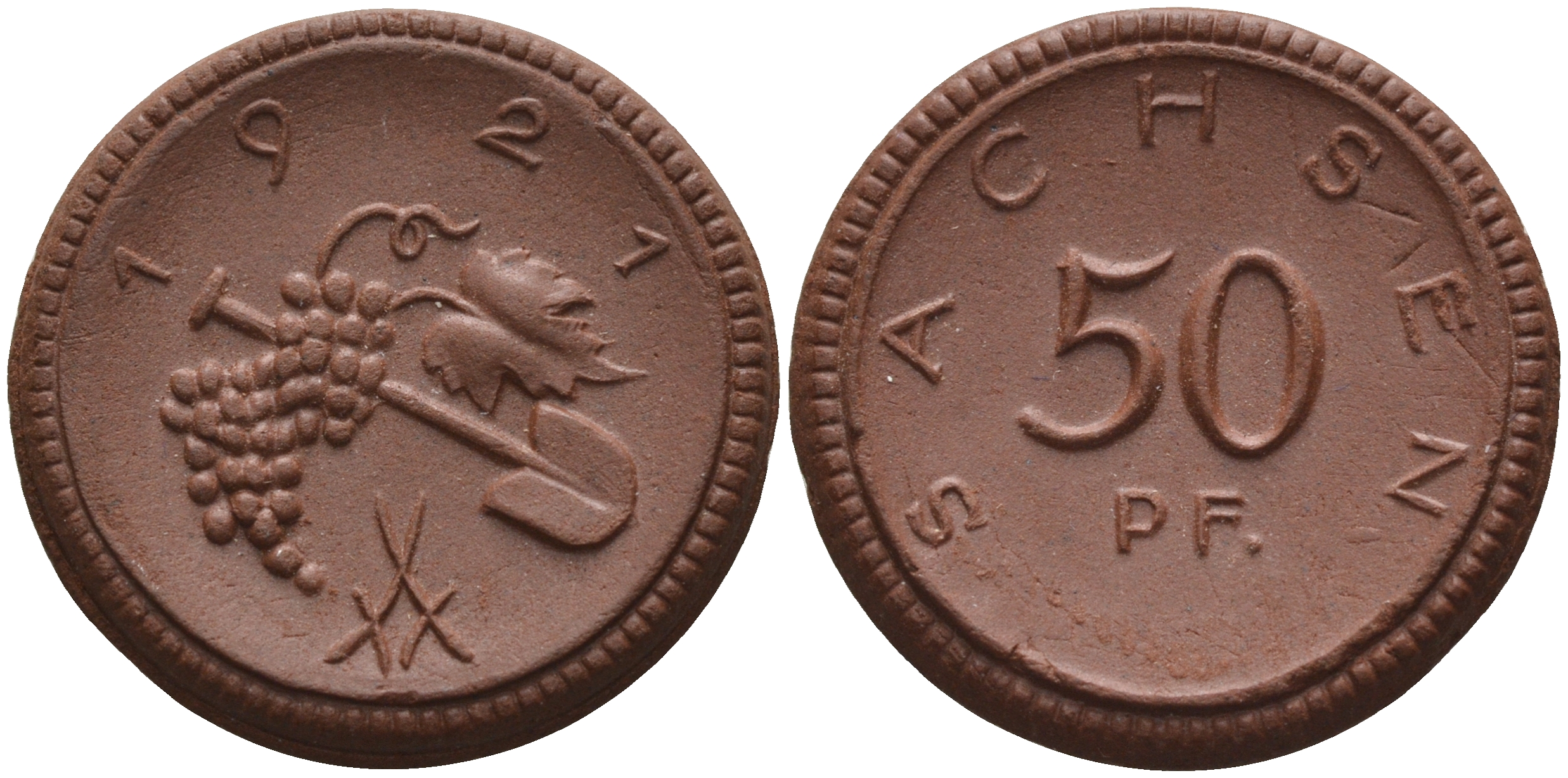 Саксония 50 пфеннигов 1921 виноград и лопата J. N 54 фарфор 1094-5-83