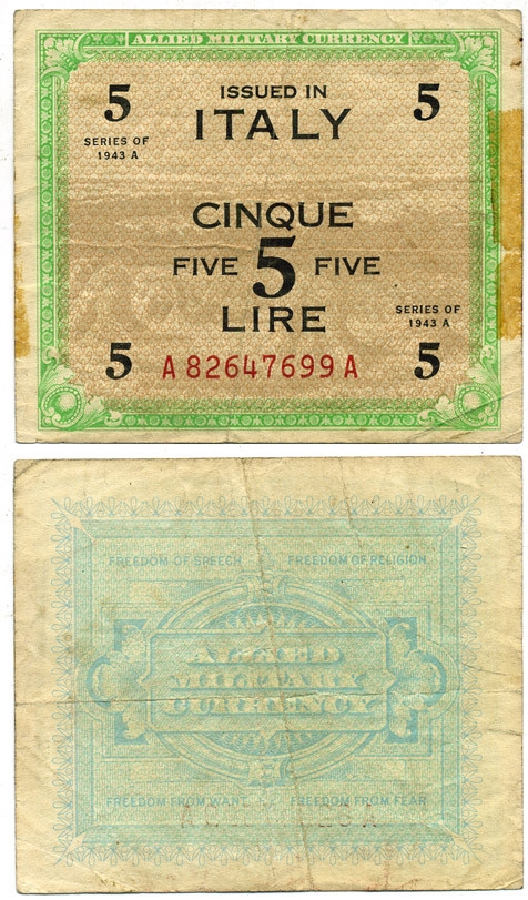 Италия 5 лир 1943 А-А, Pick М 18а бумага 3295-49-3-2