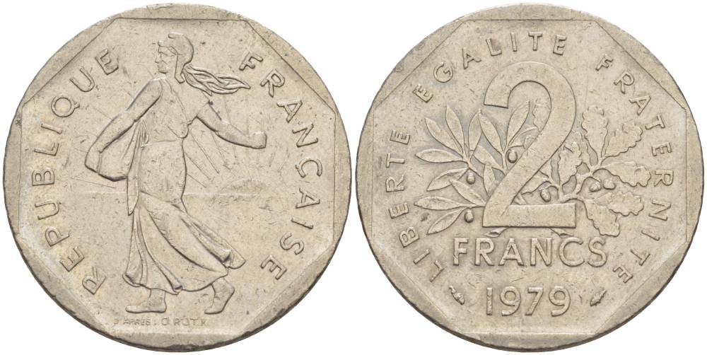 ФРАНЦИЯ 2 ФРАНКА 1979 СЕЯТЕЛЬ KM 942.1, LE FRANC 272.3 никель 4545-921