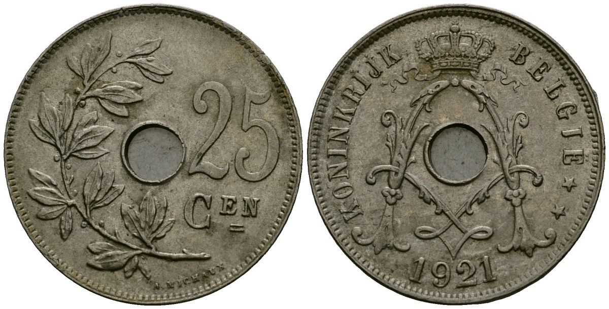 Бельгия 25 сантимов 1921 Belgie KM 69 медно-никель 4165-742