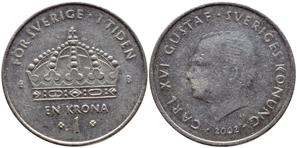 Швеция 1 крона 2002 Карл XVI Густав (1973- ) KM 894 медно-никель 4110-831