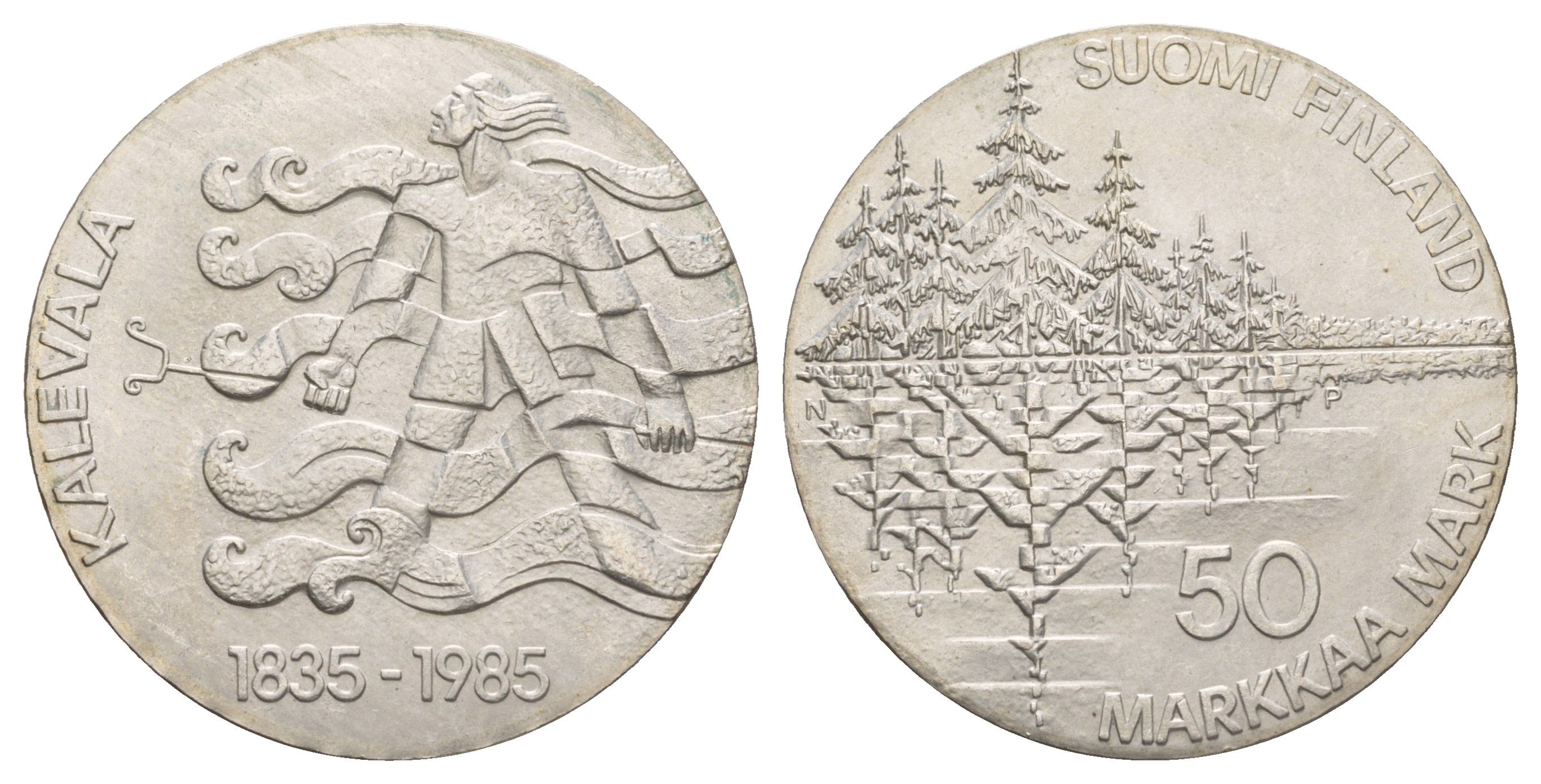 Финляндия 50 марок 1985 P-N, 150 лет национальному эпосу "Калевала" KM 62 серебро BU 413-442