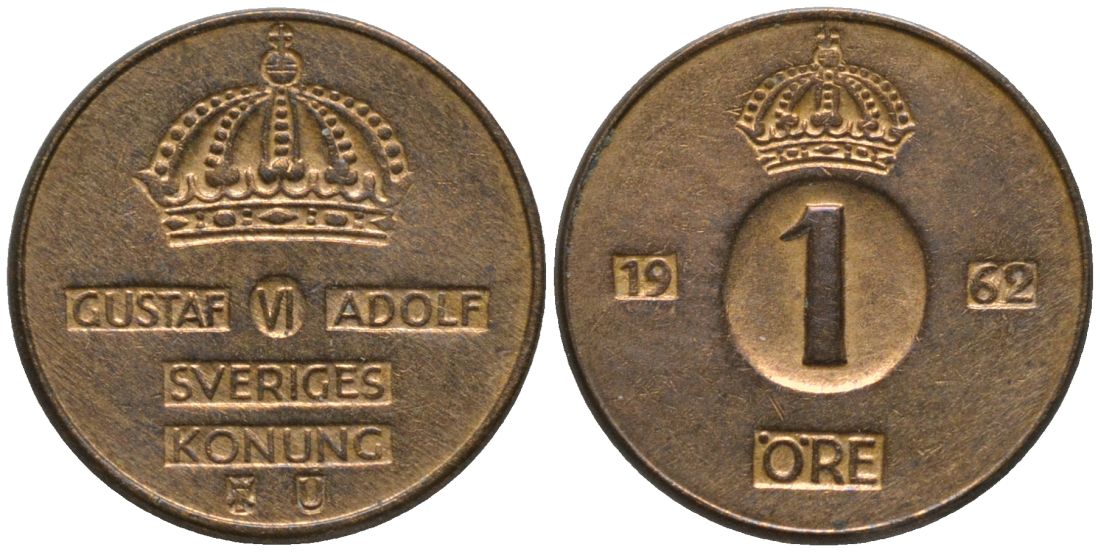 Швеция 1 эре 1962 U, Густав VI Адольф (1950-1973) KM 820 бронза 112-1151