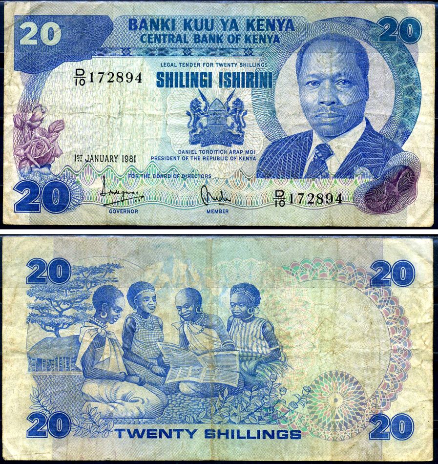 Кения 20 шиллингов 1981 2-й президент Дэниэл Торойтич арап Мои (1978-2002) Pick 21 a бумага 7214-20-2-2
