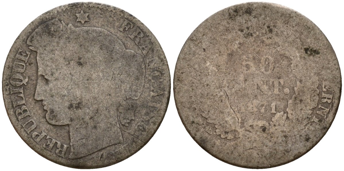Франция 50 сантимов 1871 K, третья республика (1870-1941) KM 834.2, Le Franc 189.2 серебро 4154-1111