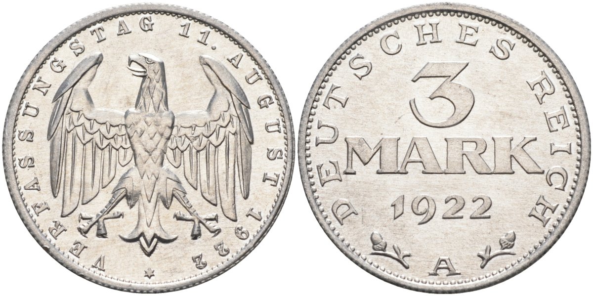 Германия 3 марки 1922 A, третья годовщина Веймарской Конституции KM 29, J.303 алюминий UNC 4587-325