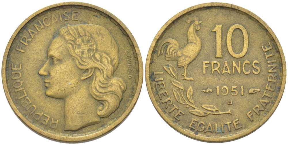 Франция 10 франков 1951 B, петух KM 915.2, Le Franc 363.5 алюминиевая бронза 175-635