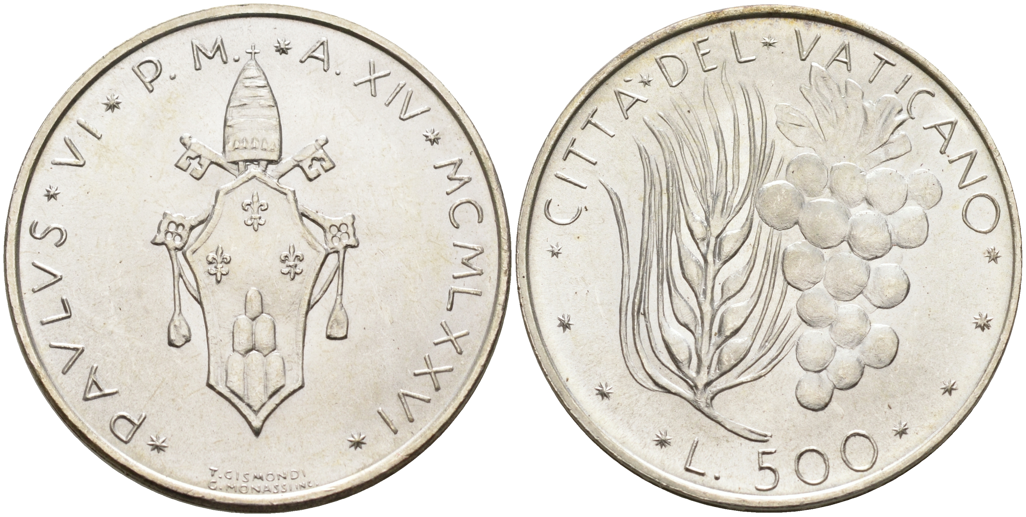 Ватикан 500 лир 1976 XIV год, Павел VI (1963-1978), пшеница и виноград KM 123 серебро 4590-1125