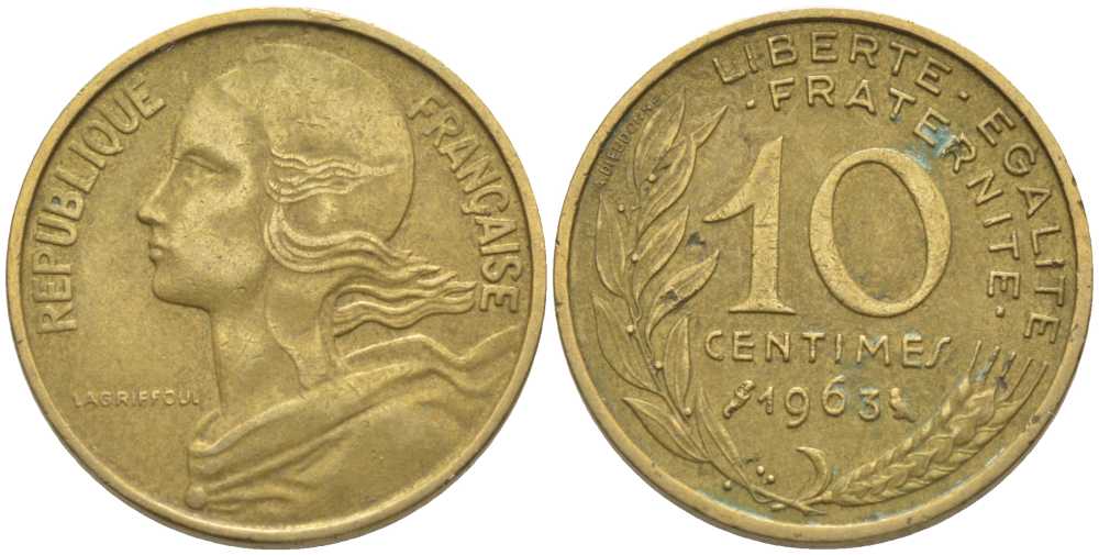 ФРАНЦИЯ 10 САНТИМОВ 1963 ТИП MARIANE KM 929, LE FRANC 144.3 алюминиевая бронза 116-418