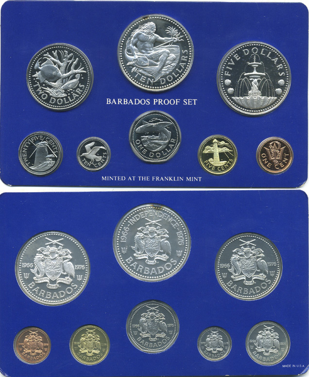 Барбадос набор из 8 монет 1976 10 лет независимости, в запайке в оригинальной коробке KM PS 4, KM (19-24, 25a, 26a) серебро PROOF 2-6-3-01