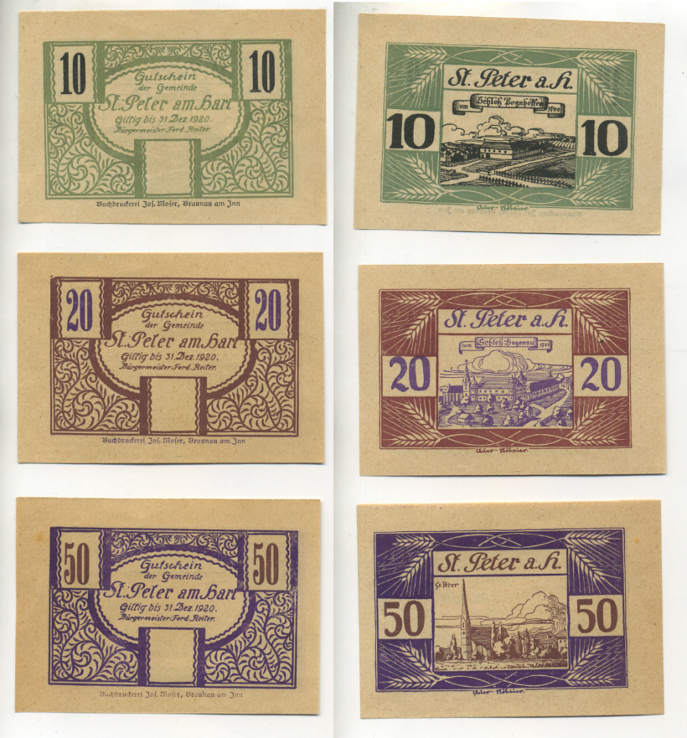 Австрия набор из 3 банкнот 1920 до 31 декабря 1920, нотгельд, 10, 20, 50 геллеров, ST. PETER am BART   бумага  aUNC  7555-1-4-1