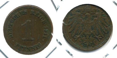 ГЕРМАНИЯ 1 ПФЕННИГ 1911 E KM 10, J. 10 медь 701-335