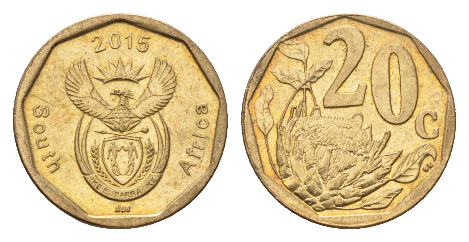 ЮАР 20 центов 2015 герб, цветок протея KM 270 сталь плакированная бронзой UNC 4687-658