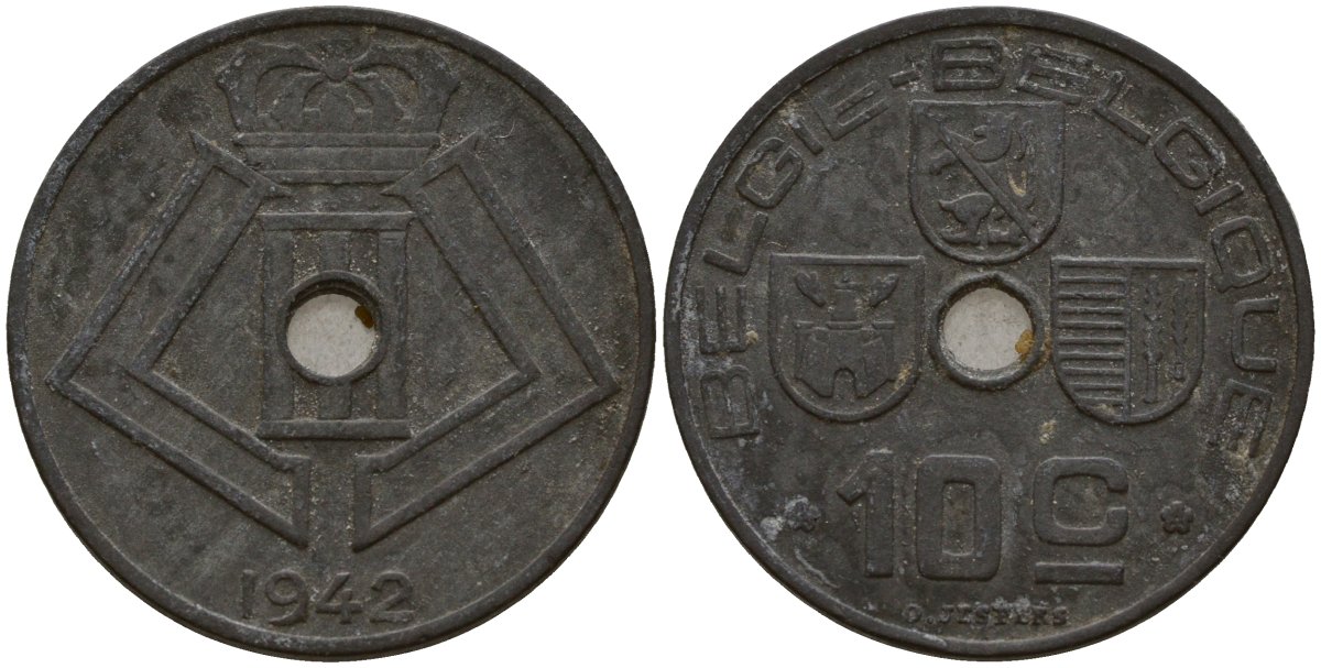 Бельгия 10 сантимов 1942 Belgie - Belgique, Леопольд III (1934-1947), германская оккупация, Вторая мировая война KM 126 цинк 4161-333