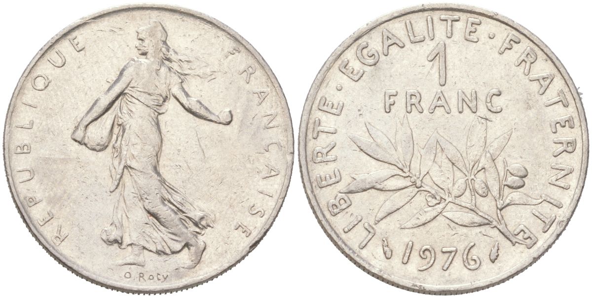 Франция 1 франк 1976 сеятель, тип Semeuse KM 925.1, Le Franc 226.21 никель 4156-132