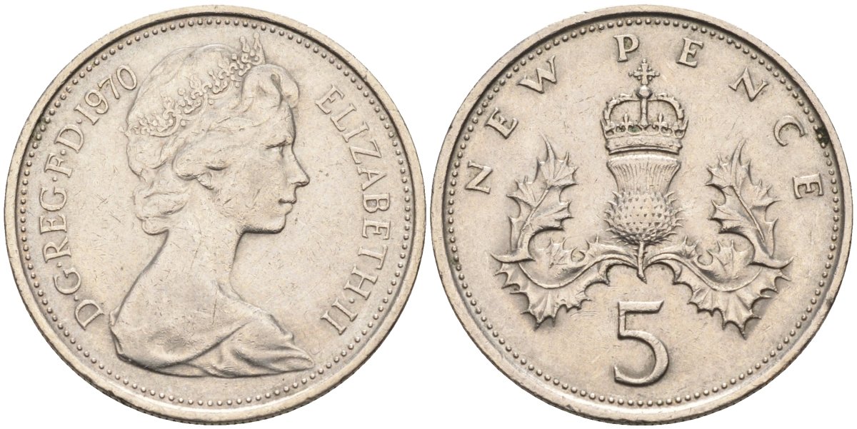 Великобритания 5 пенсов 1970 Елизавета II (1952-2022) KM 911, Spink 4233 (D1) медно-никель 4586-1145