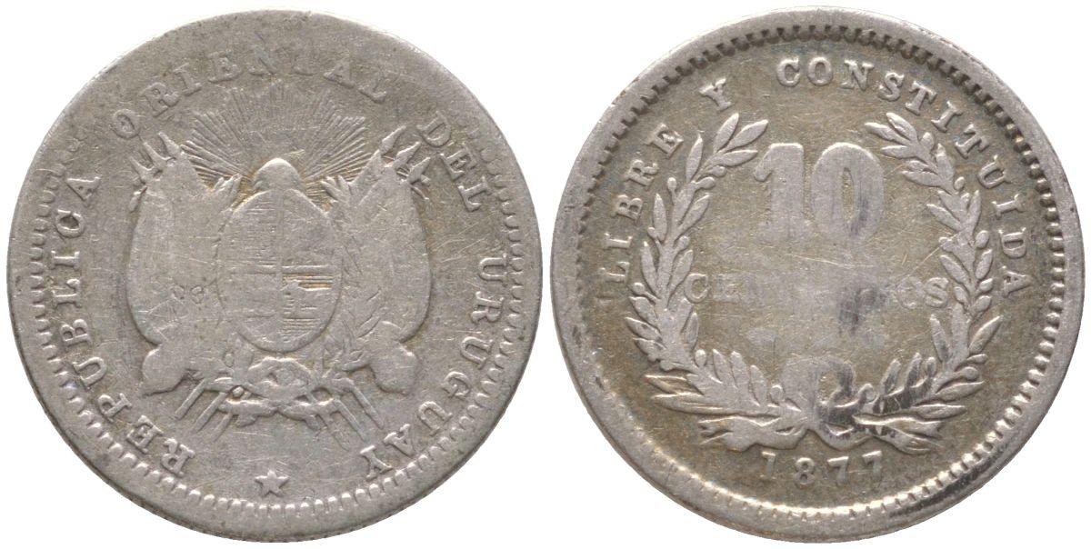 Уругвай 10 сентесимо 1877 A KM 14 серебро 201-126