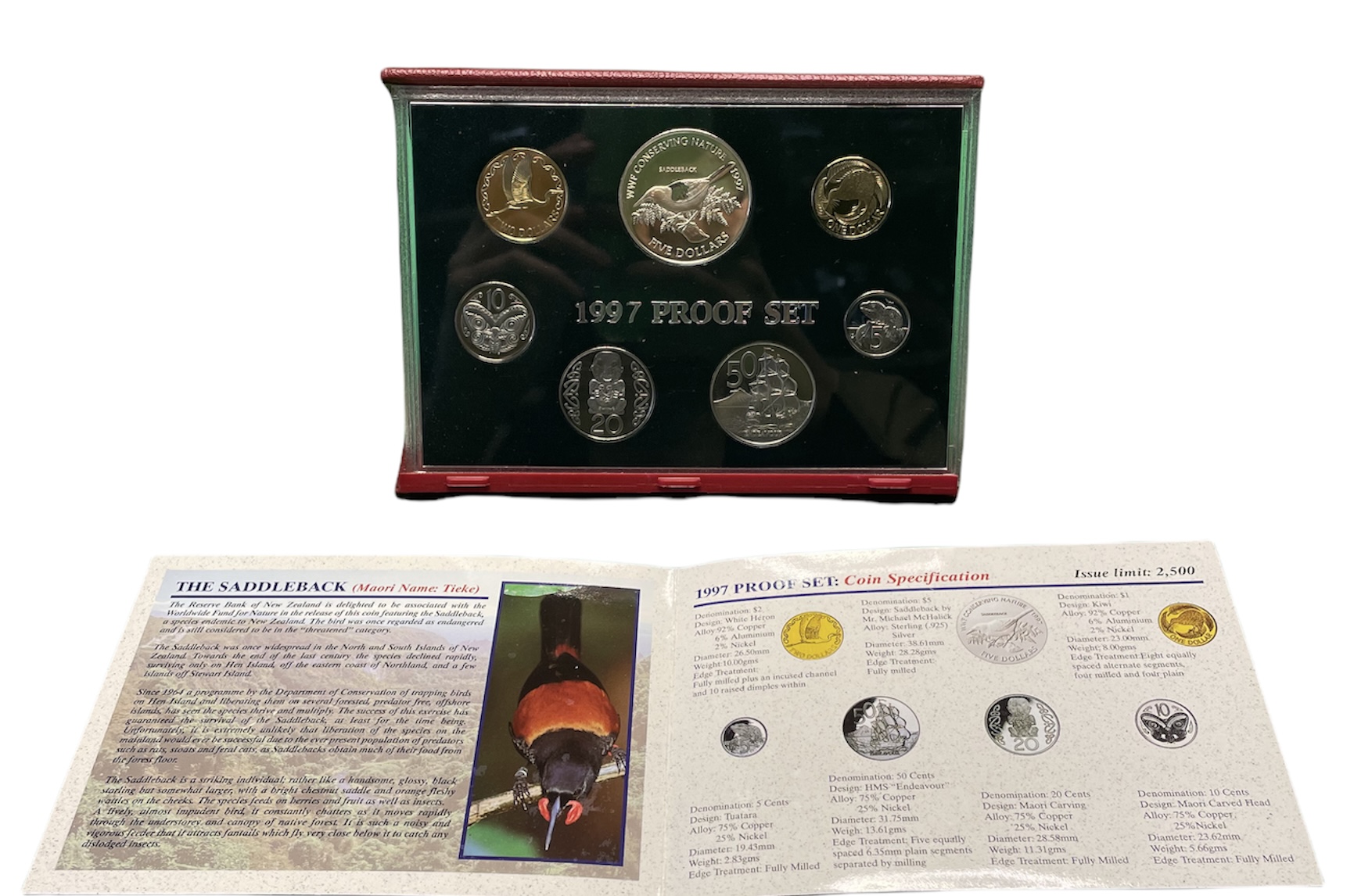 Новая Зеландия официальный набор из 7 монет 1997 тико (скворец, Saddleback) KM PS 40 серебро, медно-никель PROOF 5-4-1-42