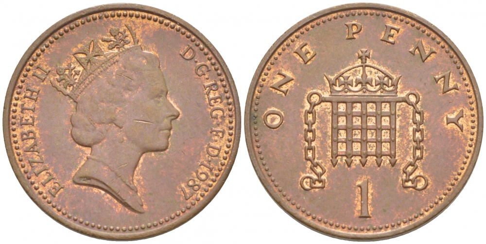 Великобритания 1 пенни 1987 Елизавета II (1952-2022) КМ 935, Spink 4381 (B3) бронза 214-1058