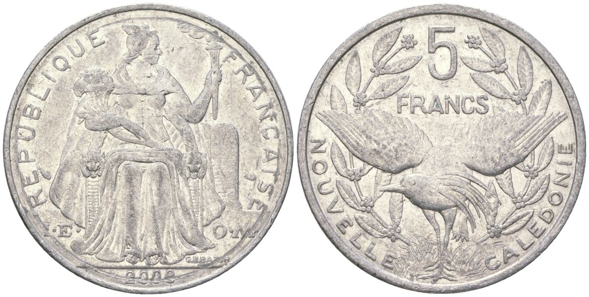 Французская Новая Каледония 5 франков 2008 птица кагу, (IEOM) KM 16, Schoen 12, Lec 81k алюминий 221-542