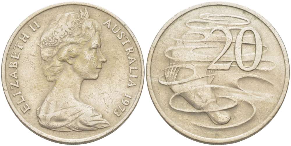 Австралия 20 центов 1973 Елизавета II (1952-2022), утконос KM 66 медно-никель 4521-124