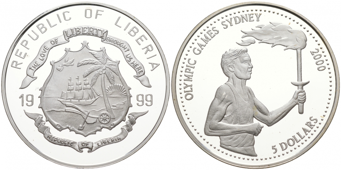 Либерия 5 долларов 1999 XXVII летние Олимпийские игры 2000 года в Сиднее, олимпийский огонь серебро PROOF 02-069-51