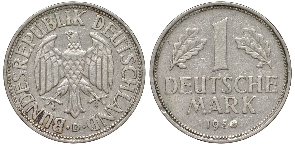 ФРГ 1 марка 1950 D KM 110 медно-никель 4132-712