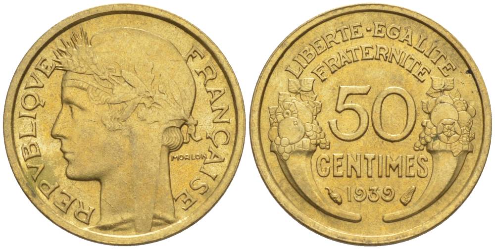 ФРАНЦИЯ 50 САНТИМОВ 1939 ТИП MORLON KM 894.1, LE FRANC 192.15 алюминиевая бронза 44-849