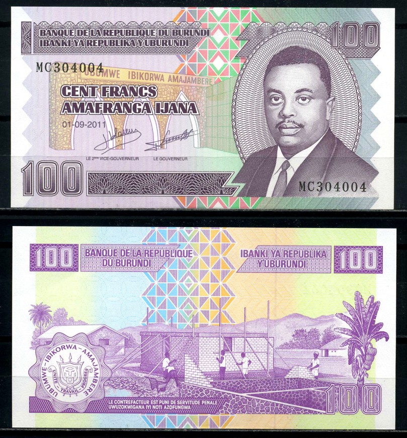 Бурунди 100 франков 2011 1 октября 2011, Prince Rwagasore Pick 44b бумага UNC (пресс) 6317-43-3-2