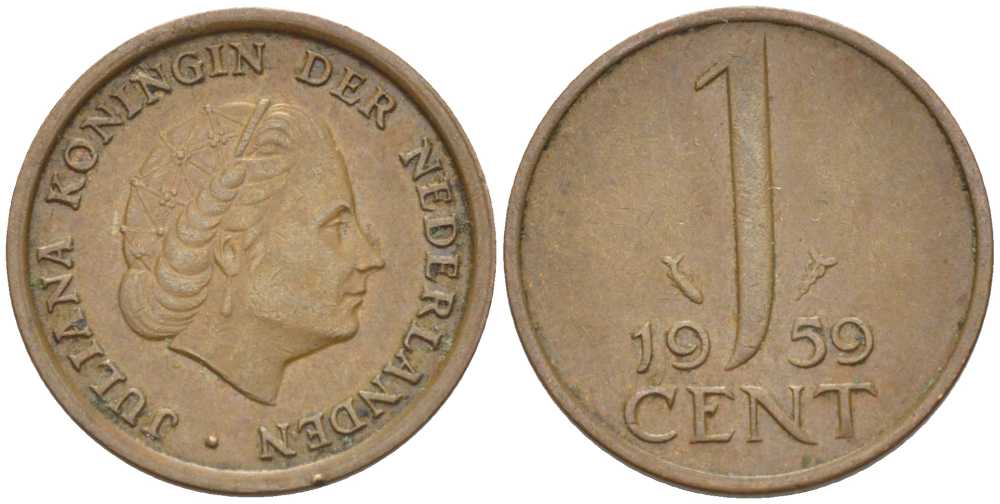 НИДЕРЛАНДЫ 1 ЦЕНТ 1959 ЮЛИАНА KM 180 бронза 66-855