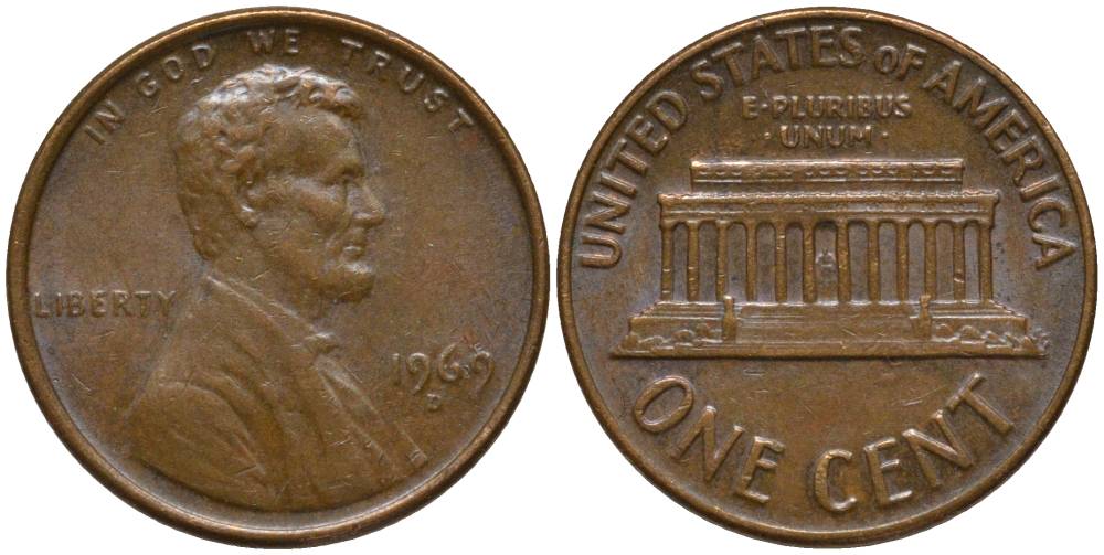 США 1 ЦЕНТ 1969 D, ЛИНКОЛЬН KM 201 медь цинк 211-1154