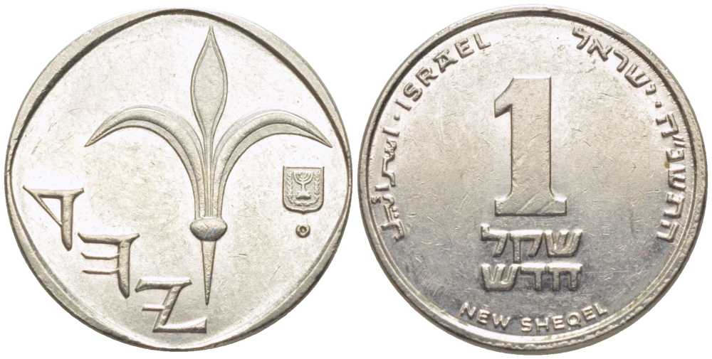 Израиль 1 новый шекель 1995 JE 5755, лилия KM 160а сталь плакированная никелем 116-645