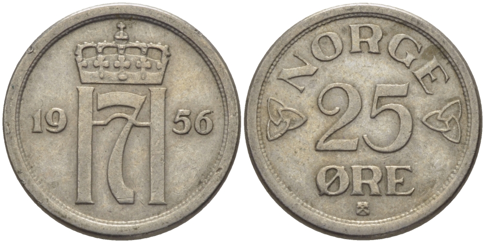 НОРВЕГИЯ 25 ЭРЕ 1956 KM 401 медно-никель 100-127