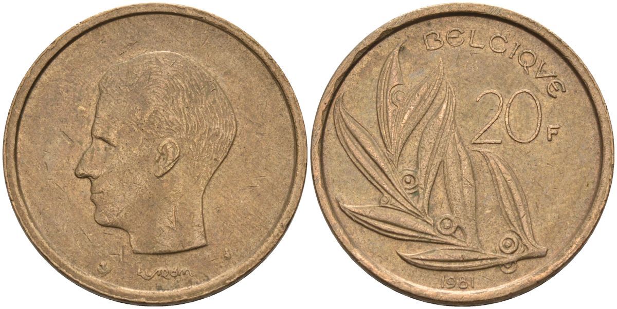 Бельгия 20 франков 1981 Belgique, Бодуэн I (1951-1993) KM 159 никель бронза 4126-223