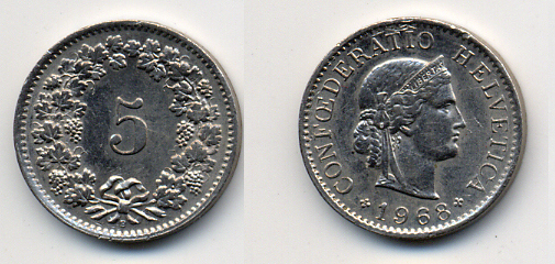 ШВЕЙЦАРИЯ 5 РАППЕНОВ 1968 KM 26 медно-никель 54-646